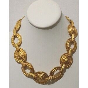 Stunning Textured Spiraling Disk Gold Tone Vintage Statement Necklace Goddess